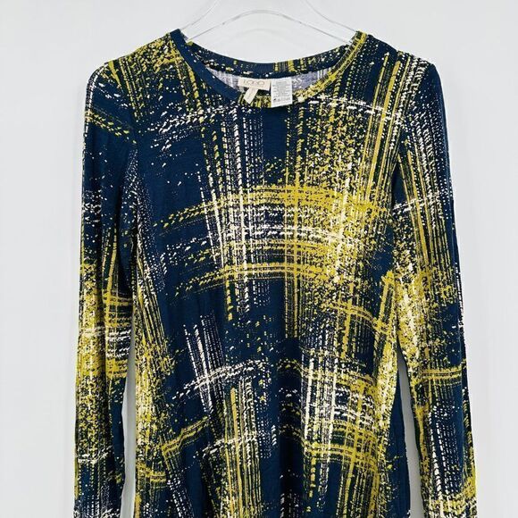 LOGO Lori Goldstein Size XS Navy Blue & Yellow Long Sleeve Lace Trim Tunic Top - Picture 2 of 9